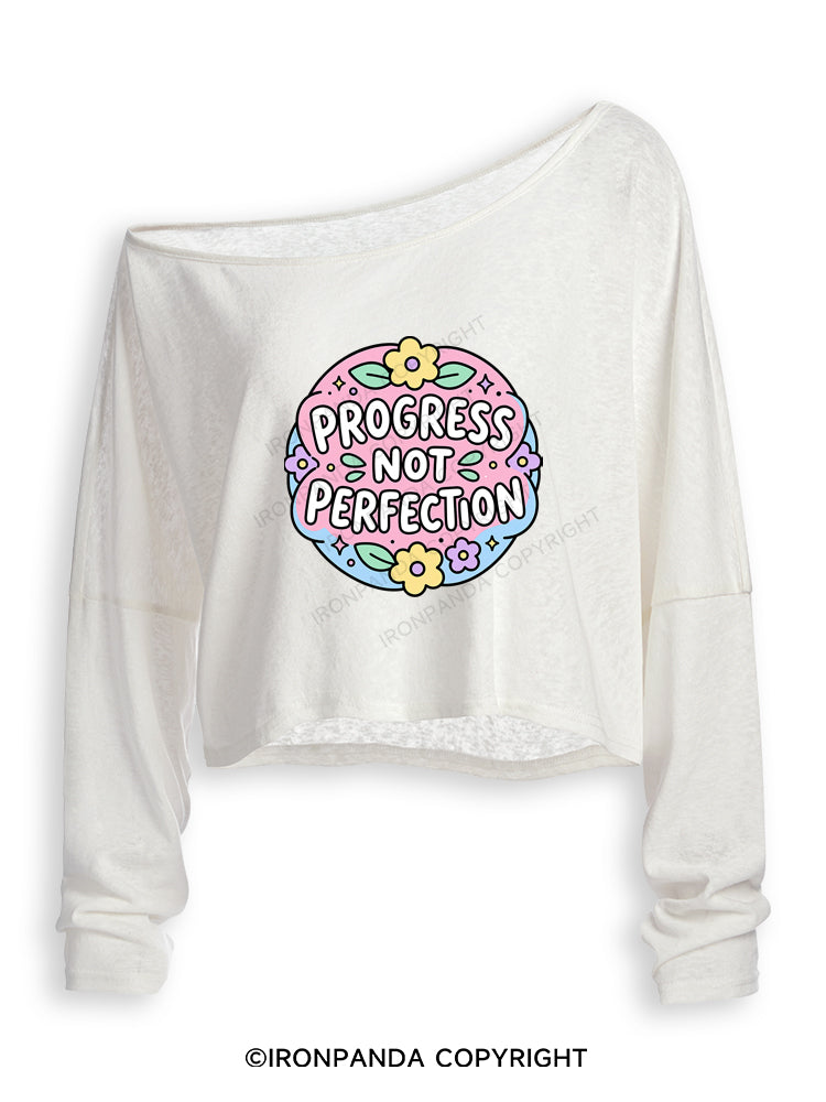 PROGRESS NOT PERFECTION Off Shoulder Long Sleeve Crop Top