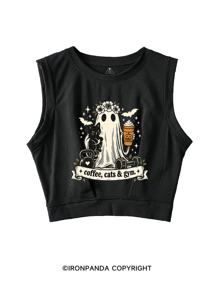 COFFEE, CATS & GYM HAPPY HALLOWEEN SLEEVELESS CROP TOPS
