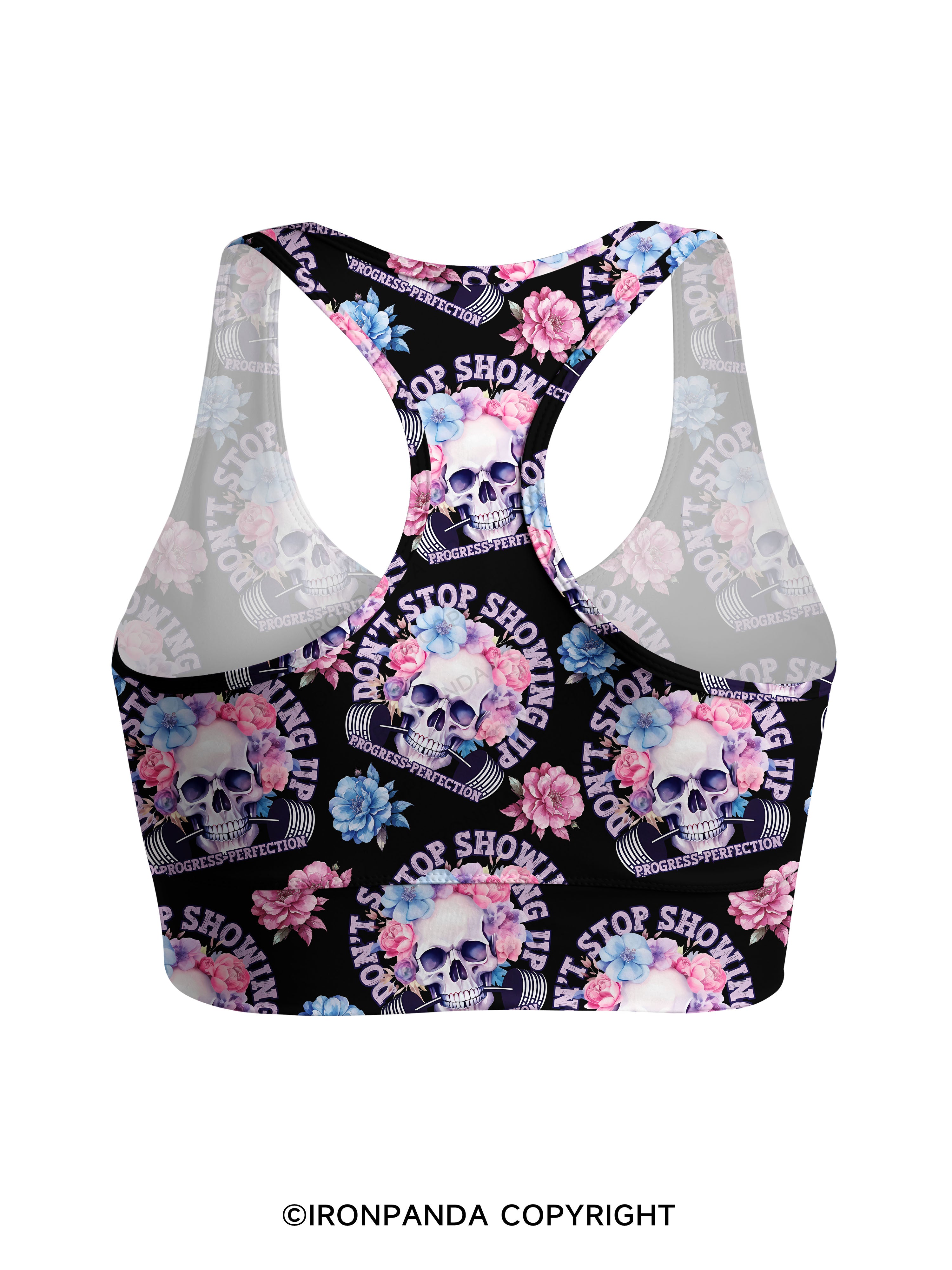 DON’T STOP SHOWING UP PROGRESS-PERFECTION Racerback Sports Bra
