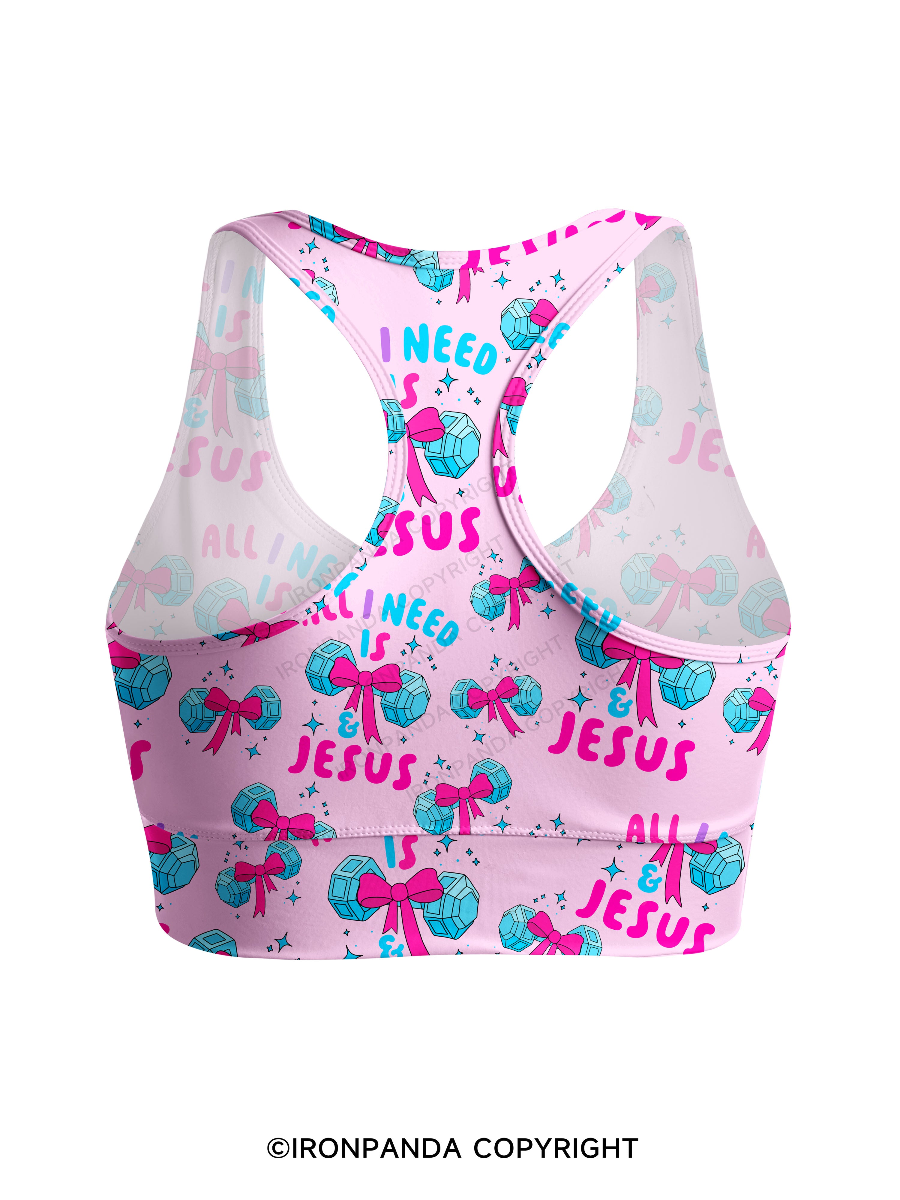 ALL I NEED IS MY WEIGHTS & JESUS Racerback Sports Bra