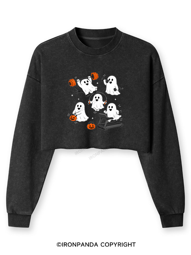 GHOST HALLOWEEN WORKOUT FITNESS Washed Long-Sleeve Crop Top