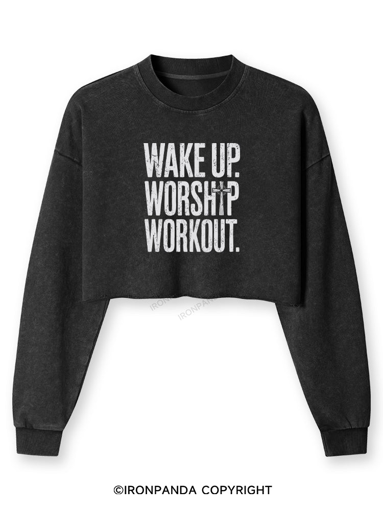 WAKE UP WORSHIP WORKOUT JESUS Washed Long-Sleeve Crop Top