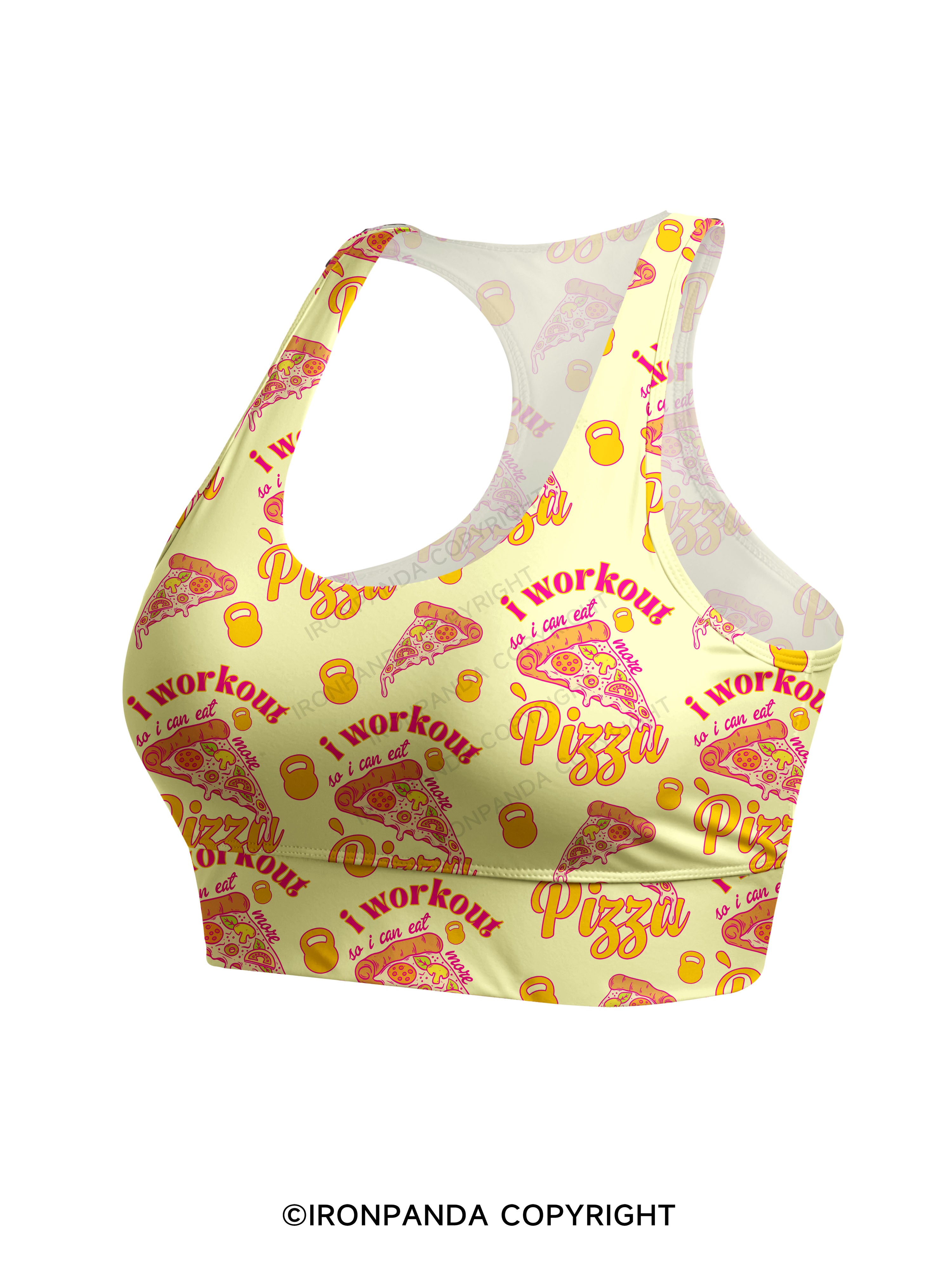 i workout so i can eat more pizza Racerback Sports Bra