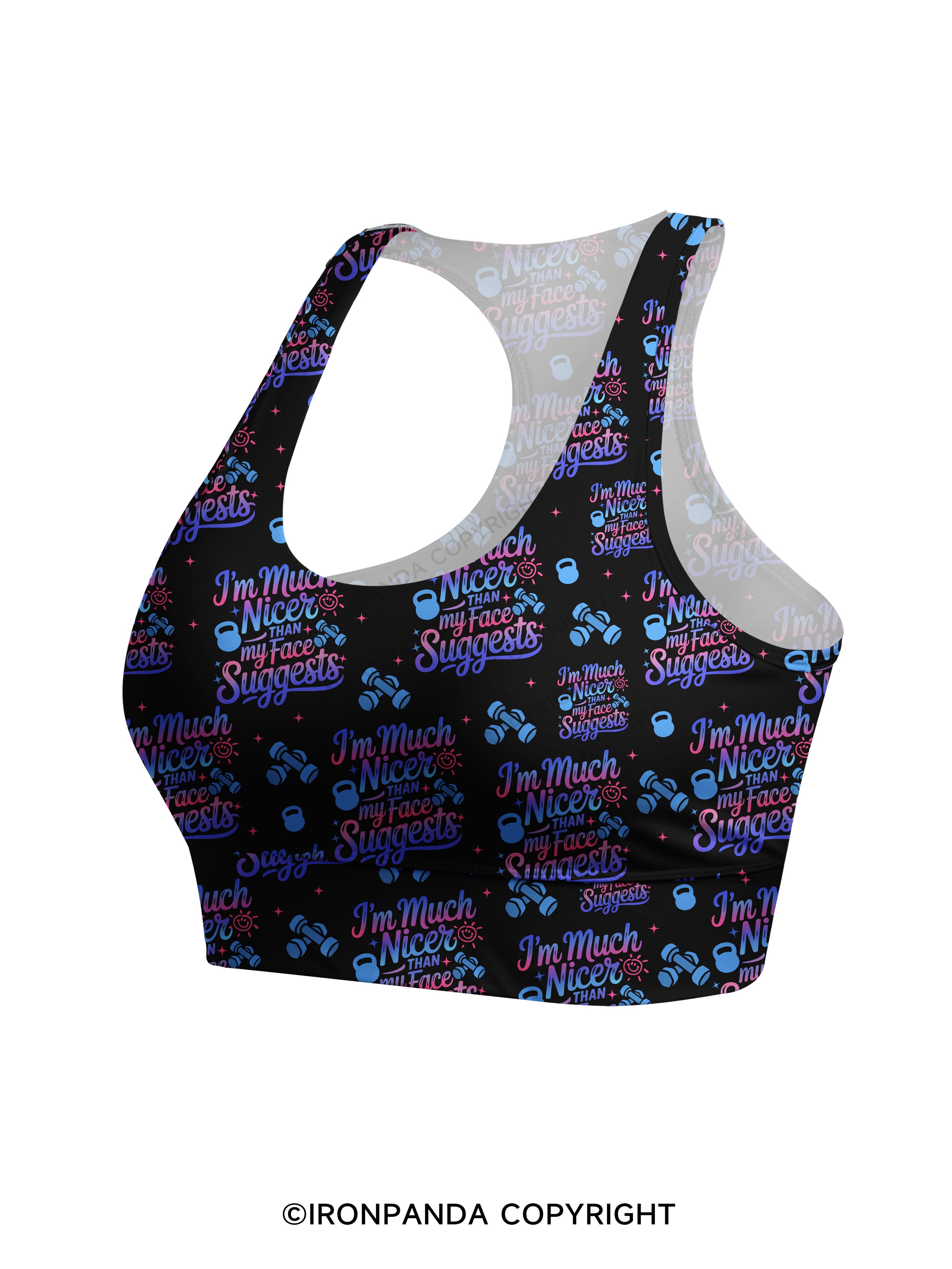 i'm much nicer than my face suggests Racerback Sports Bra