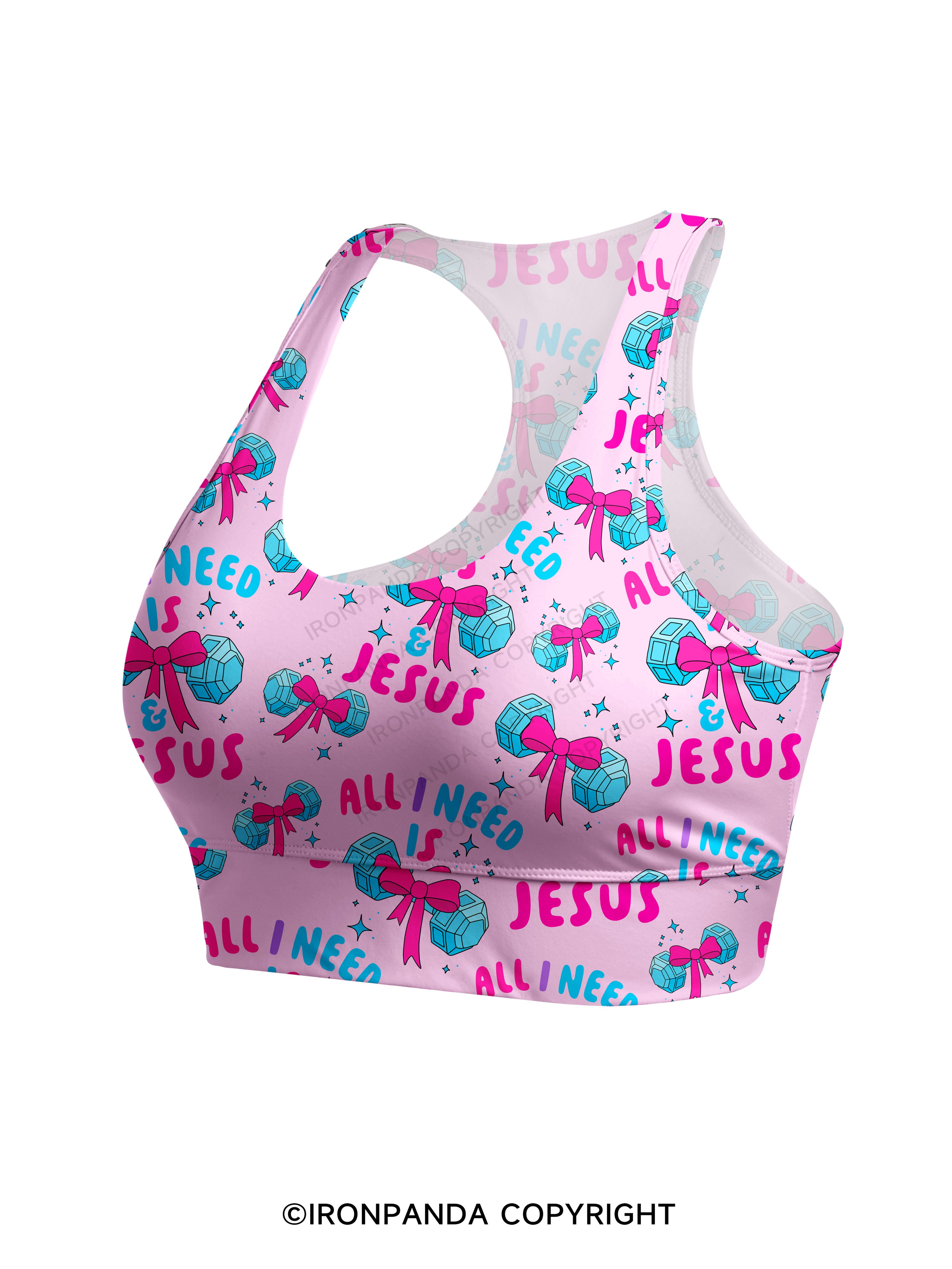 ALL I NEED IS MY WEIGHTS & JESUS Racerback Sports Bra