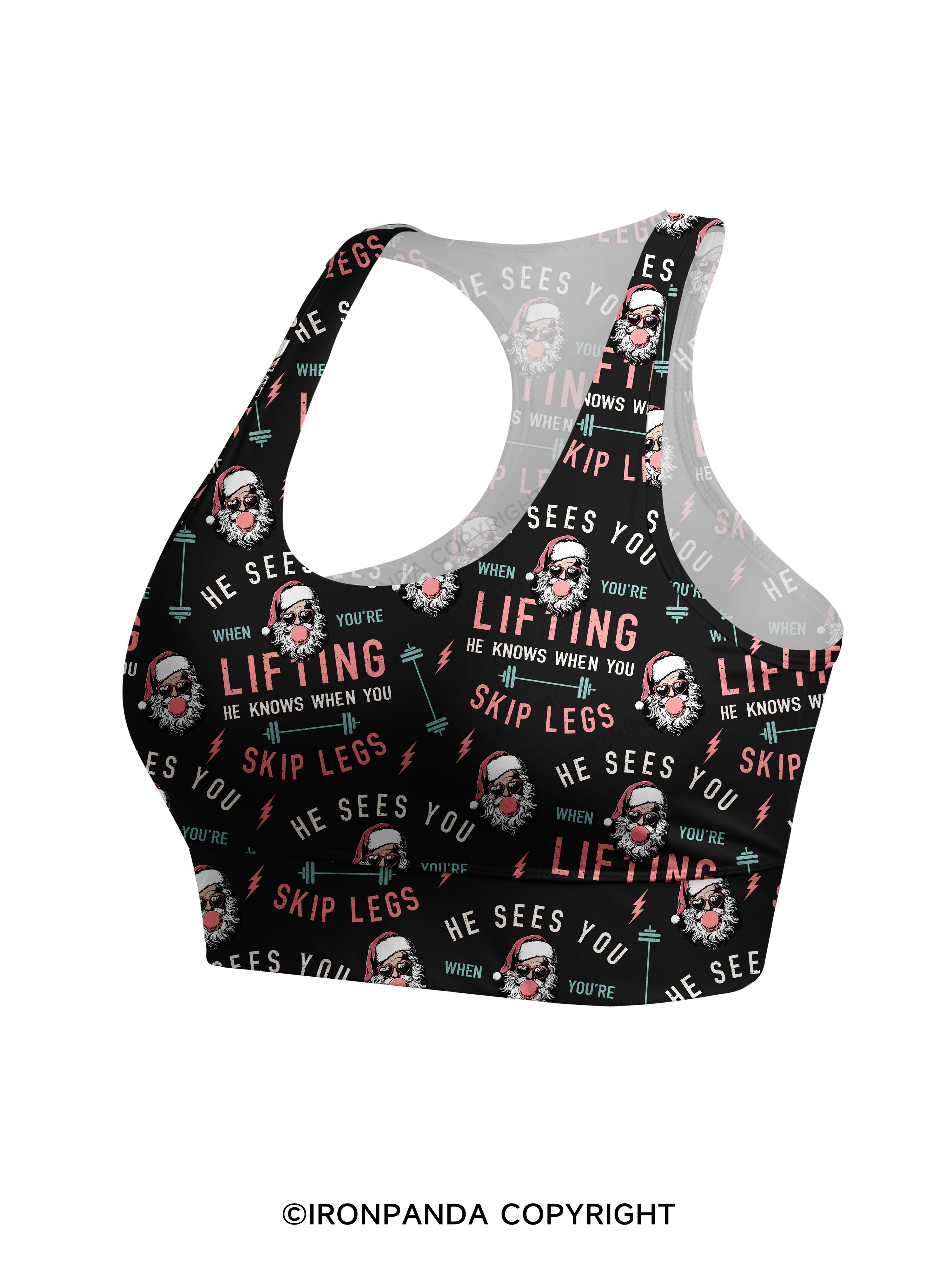 HE SEES YOU WHEN YOU'RE LIFTING Racerback Sports Bra