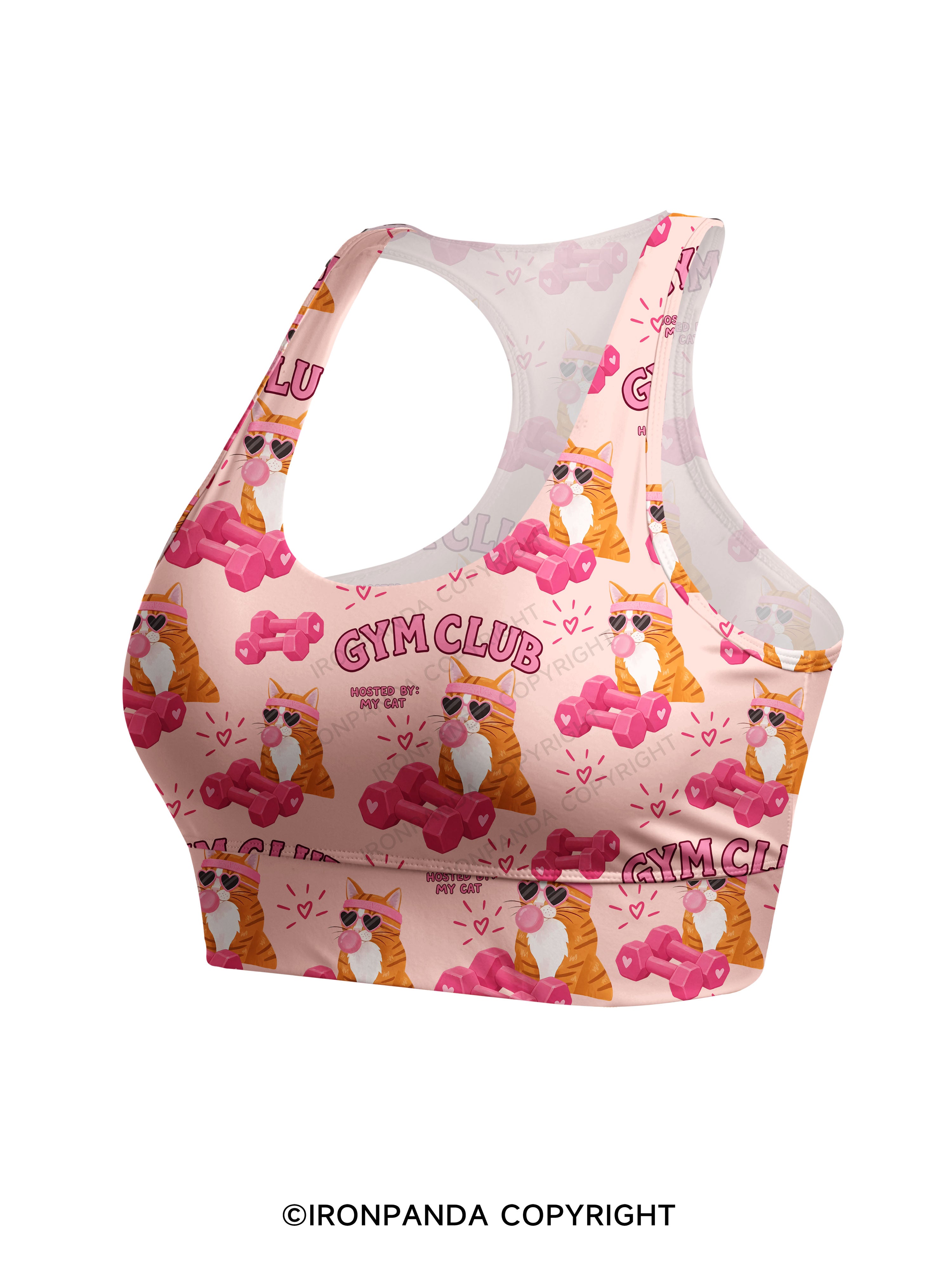 GYM CLUB HOSTED BY MY CAT Racerback Sports Bra