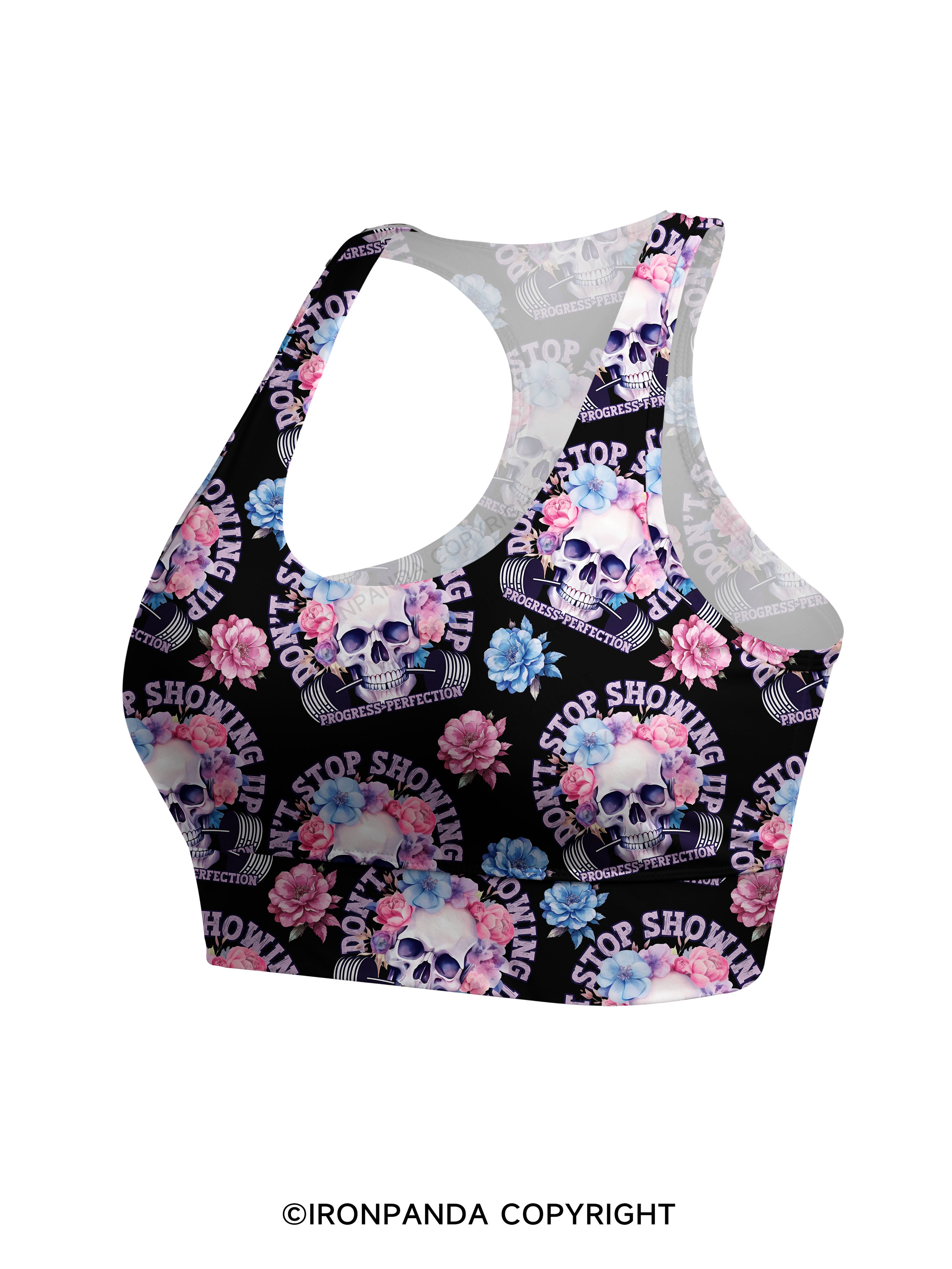 DON’T STOP SHOWING UP PROGRESS-PERFECTION Racerback Sports Bra