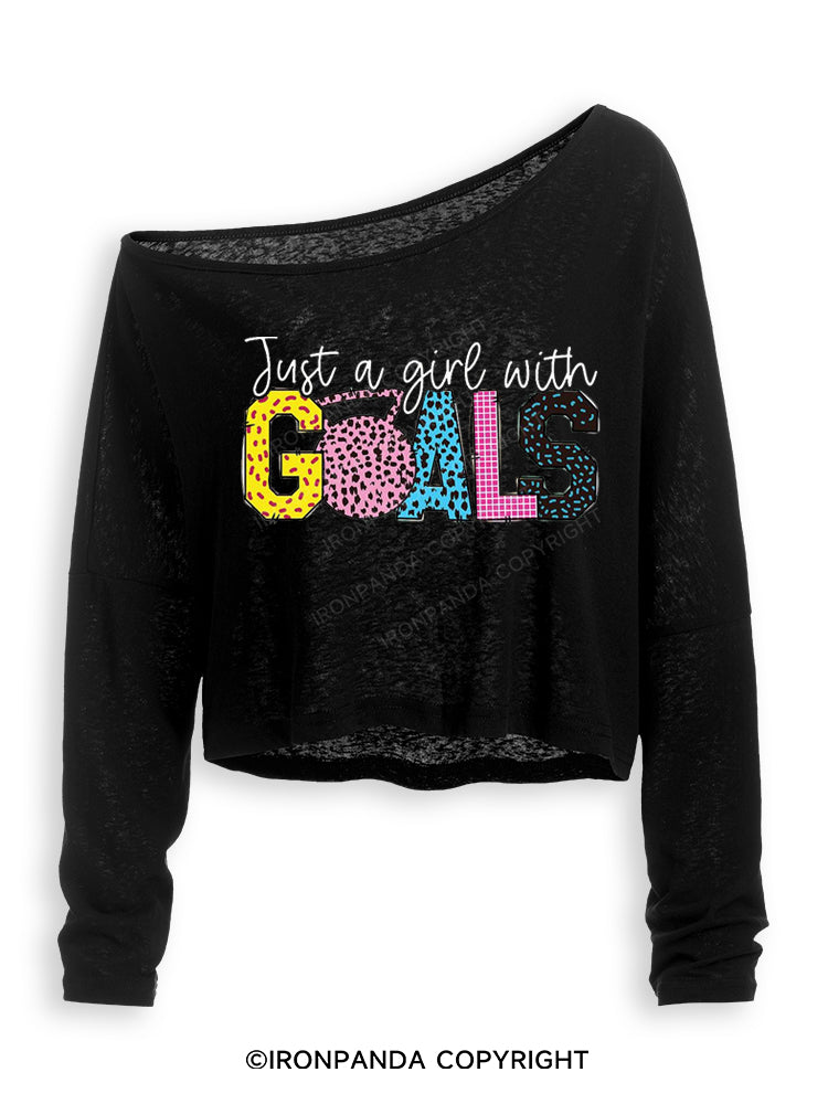 JUST A GIRL WITH GOALS COLORFUL GYM Off Shoulder Long Sleeve Crop Top