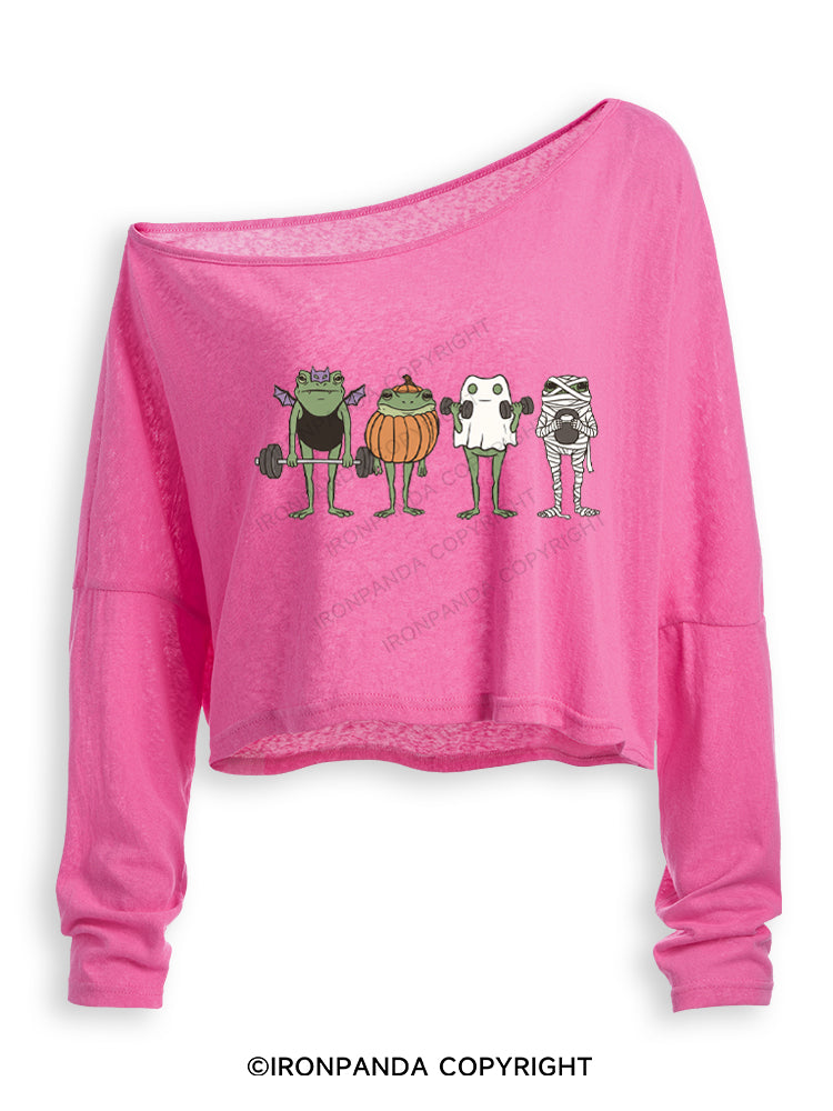 HALLOWEEN FROG LIFTING CREW Off Shoulder Long Sleeve Crop Top