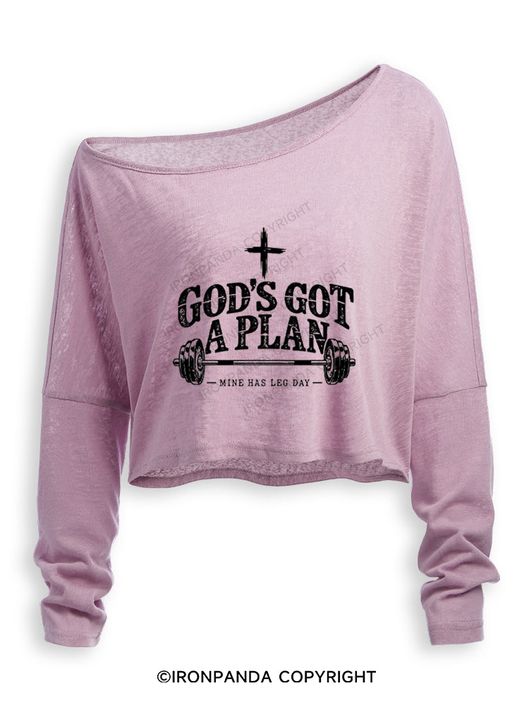 GOD'S GOT A PLAN MINE HAS LEG DAY Off Shoulder Long Sleeve Crop Top