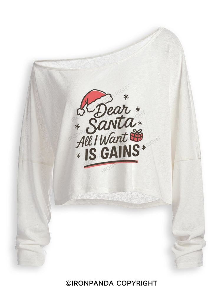 DEAR SANTA ALL I WANT IS GAINS Off Shoulder Long Sleeve Crop Top