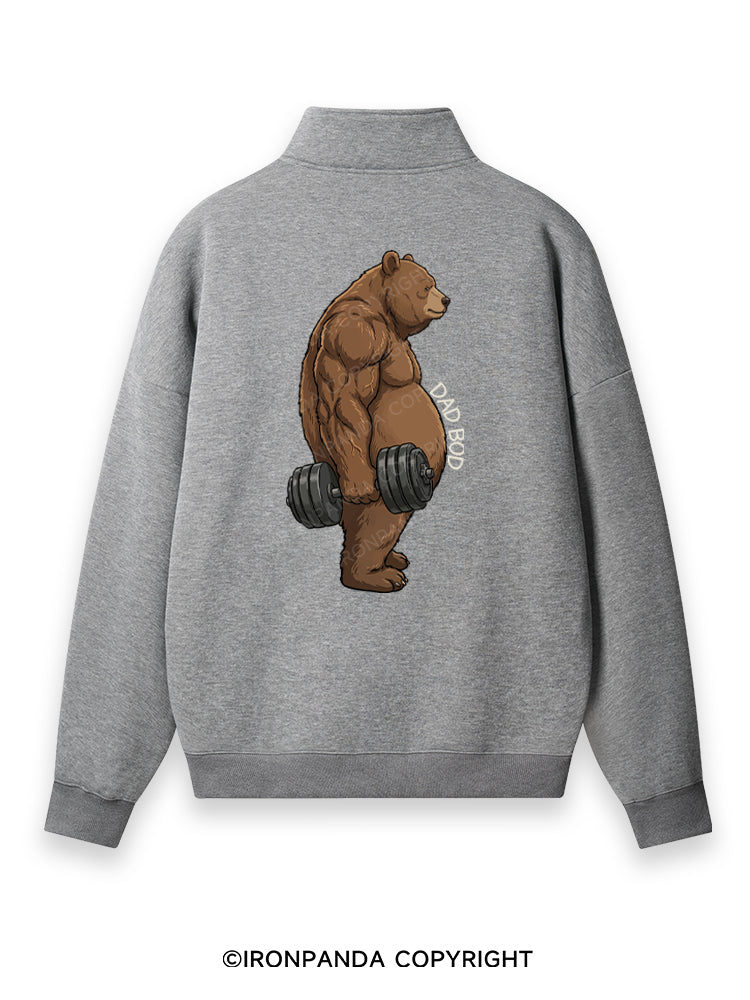 DAD BOD BEAR Back Printed Quarter-Zip Fleece Sweatshirt