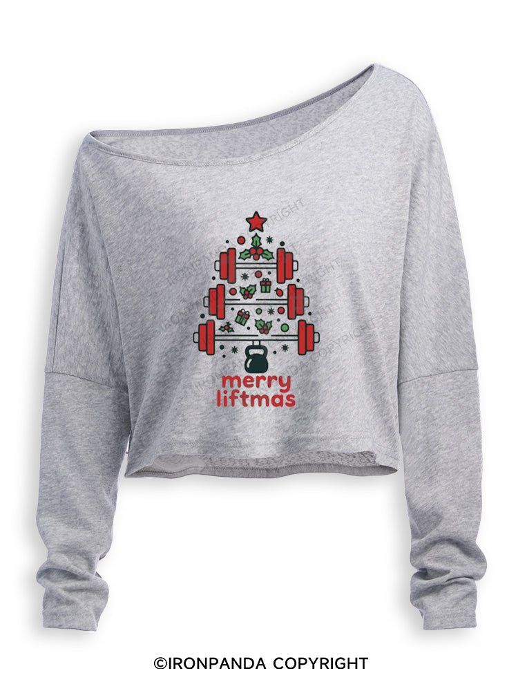 MERRY LIFTMAS FITNESS CHRISTMAS TREE Off Shoulder Long Sleeve Crop Top