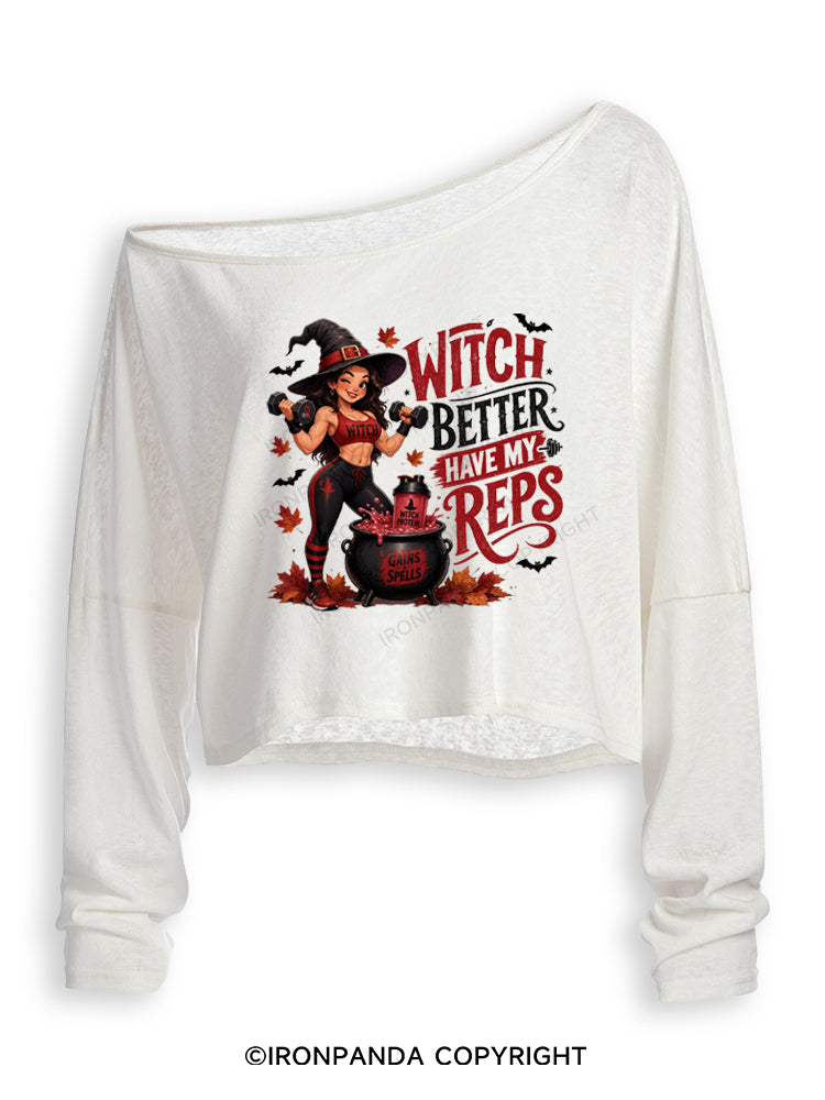 WITCH BETTER HAVE MY REPS HALLOWEEN Off Shoulder Long Sleeve Crop Top