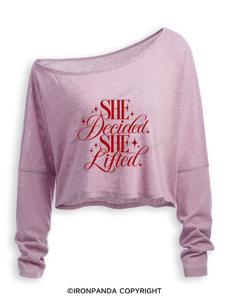 SHE DECIDED. SHE LIFTED Off Shoulder Long Sleeve Crop Top