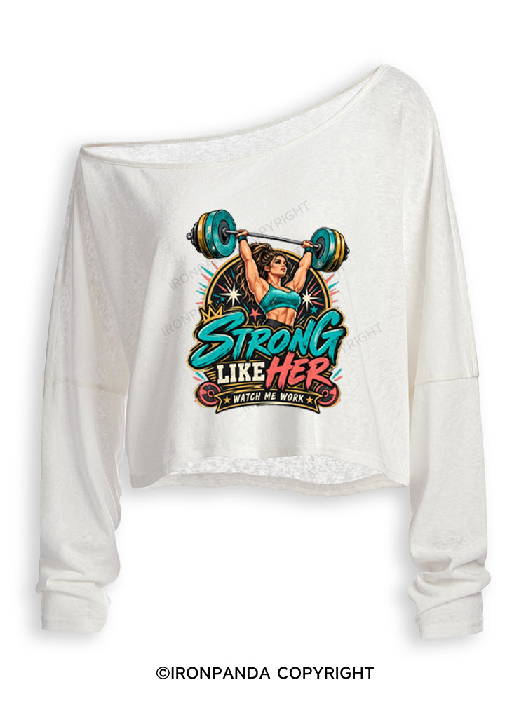 Strong Like Her Weightlifting Off Shoulder Long Sleeve Crop Top