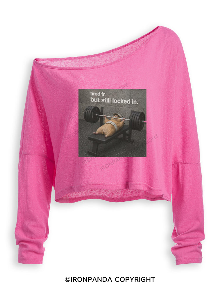 TIRED FR BUT STILL LOCKED IN HAMESTER Off Shoulder Long Sleeve Crop Top