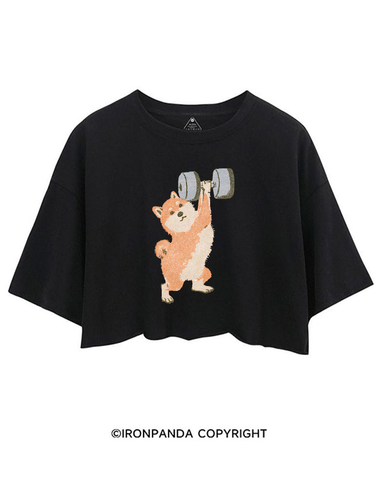 STRONG SHIBA INU LIFTING WEIGHTS CROP TOPS