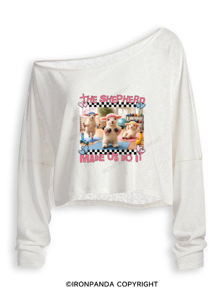 THE SHEPHERD MADE US DO IT GYM CHRISTIAN Off Shoulder Long Sleeve Crop Top