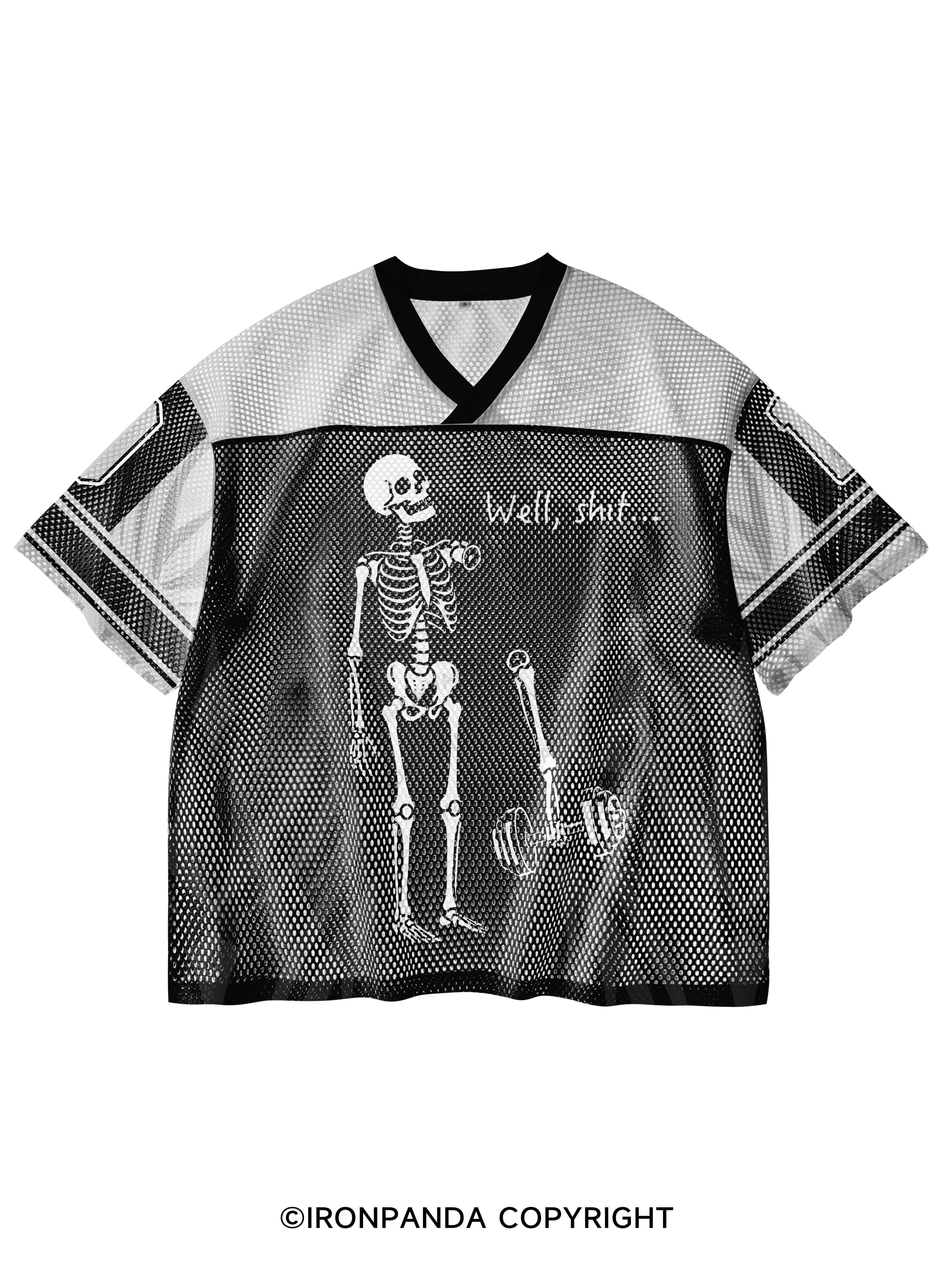 Well Shit Funny Skeleton V-Neck Open Hole Mesh Top