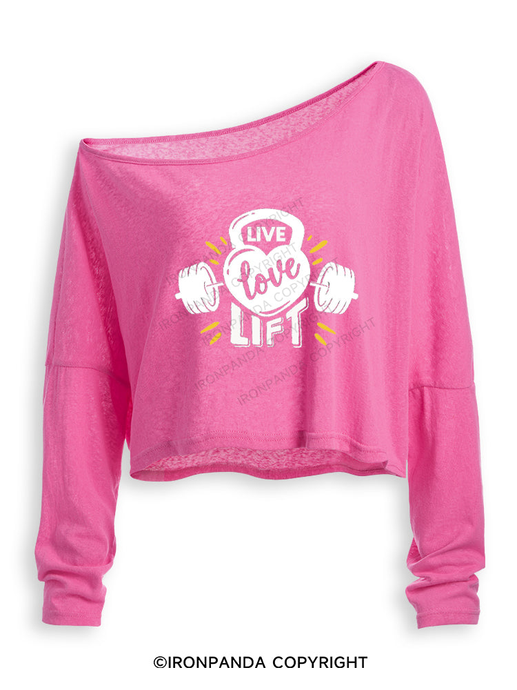 LIVE LOVE LIFT GYM LOVER Off Shoulder Long Sleeve Crop Top