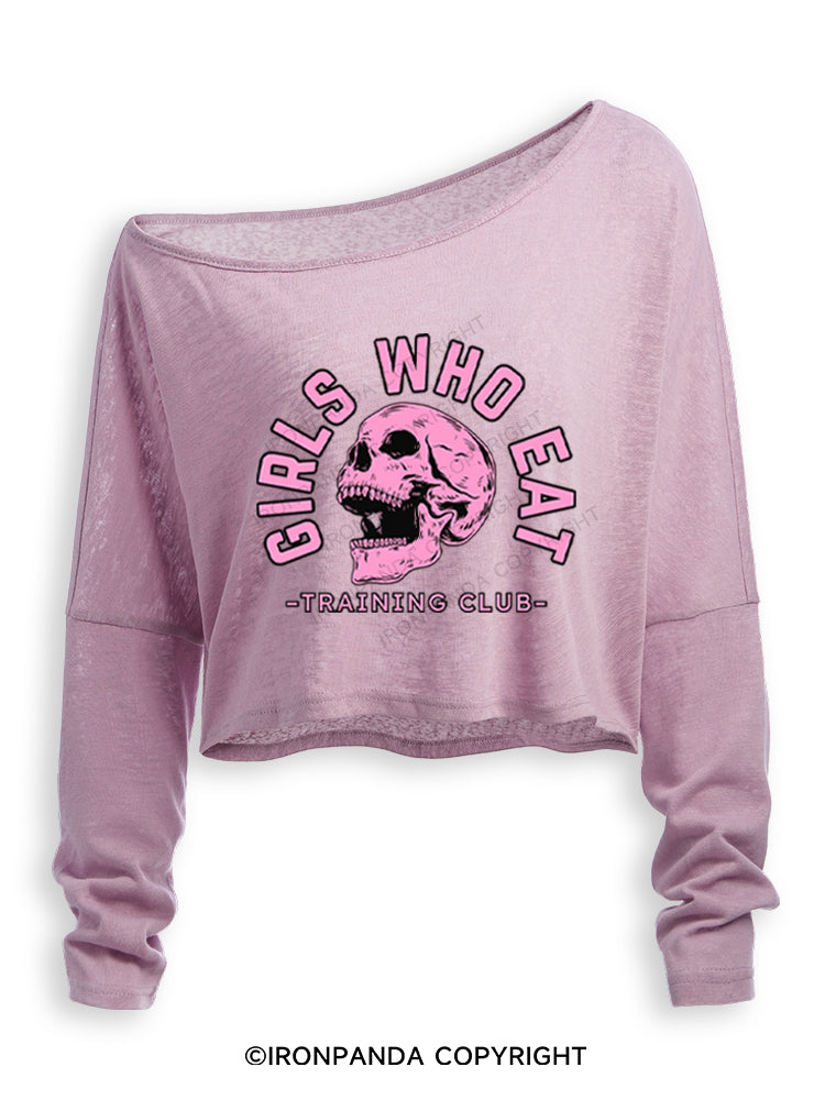 Girls Who Eat Skeleton Weightlifting Off Shoulder Long Sleeve Crop Top