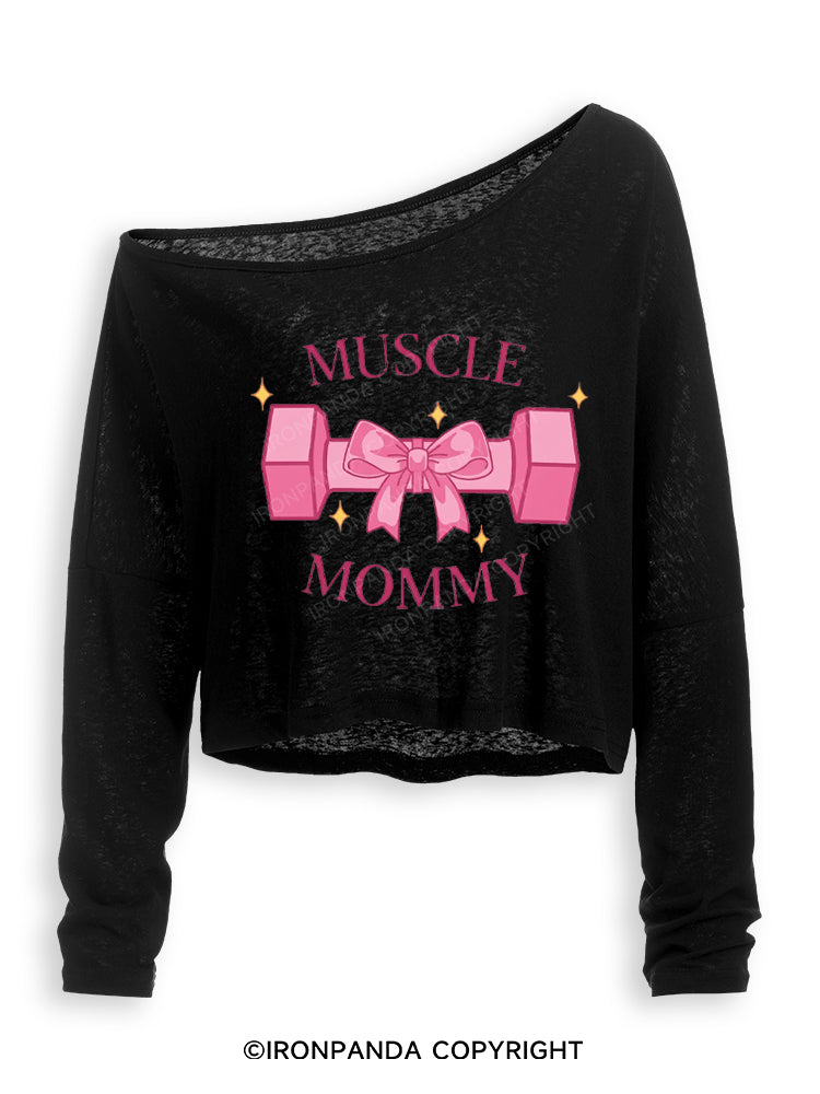 MUSCLE MOM GYM PINK VIBES Off Shoulder Long Sleeve Crop Top