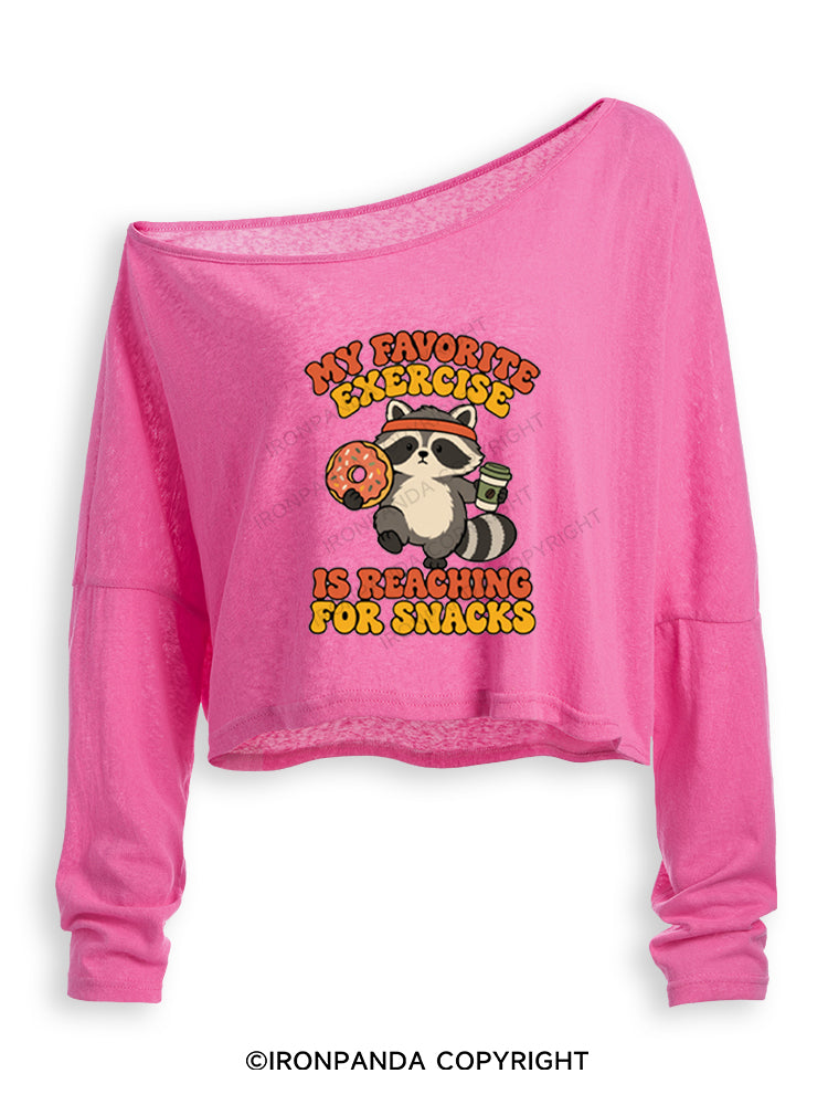 My Favorite Exercise Is Reaching for Snacks Funny Raccoon Off Shoulder Long Sleeve Crop Top