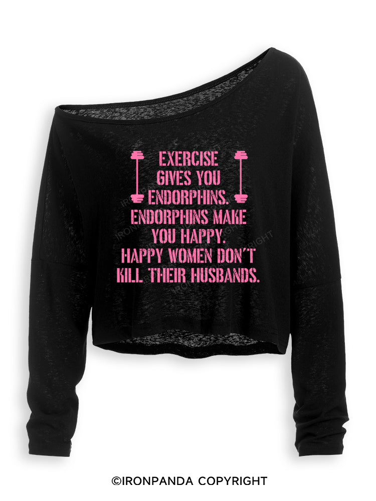 EXERCISE GIVES YOU ENDORPHINS PINK Off Shoulder Long Sleeve Crop Top