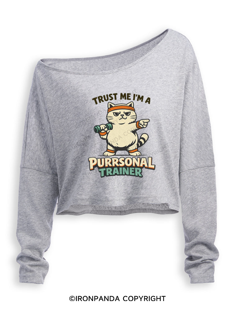 TRUST ME I'M A PURRSONAL TRAINER Off Shoulder Long Sleeve Crop Top