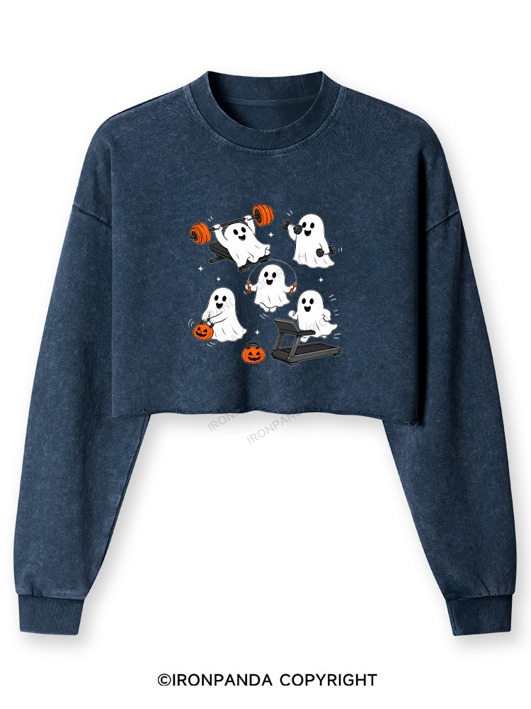 GHOST HALLOWEEN WORKOUT FITNESS Washed Long-Sleeve Crop Top