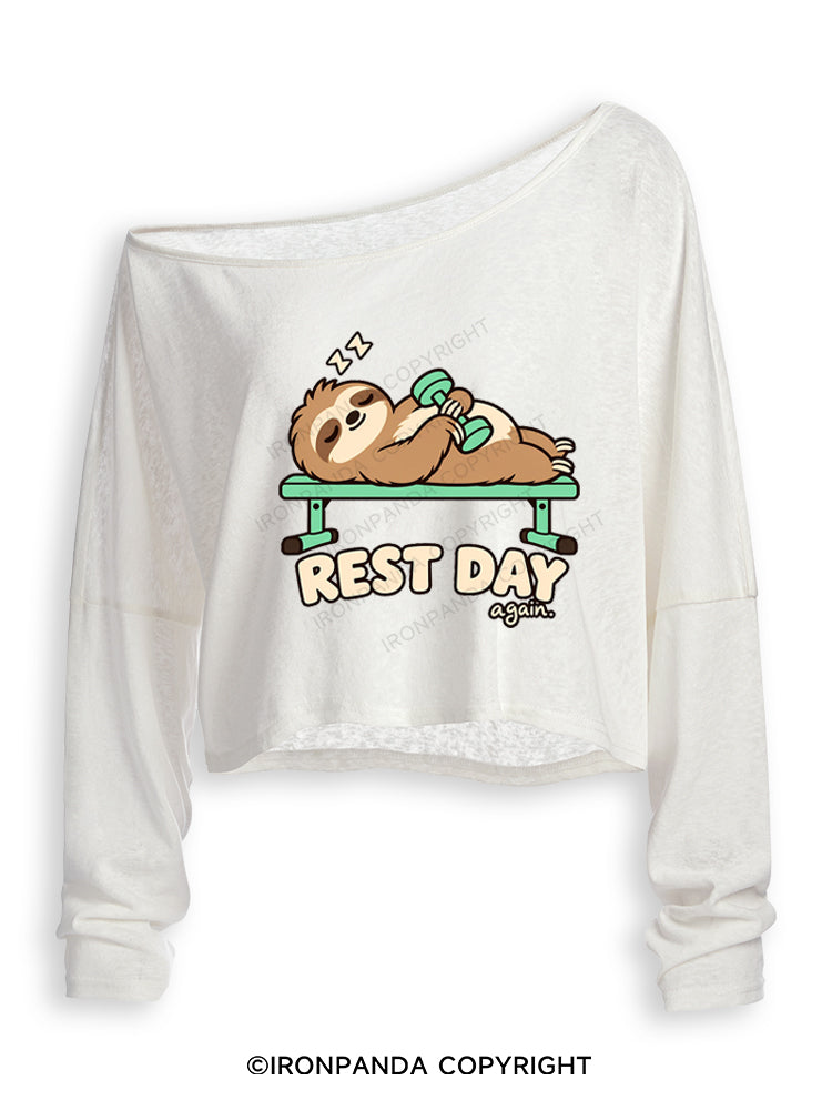 Rest Day Again Lazy Sloth Off Shoulder Long Sleeve Crop Top