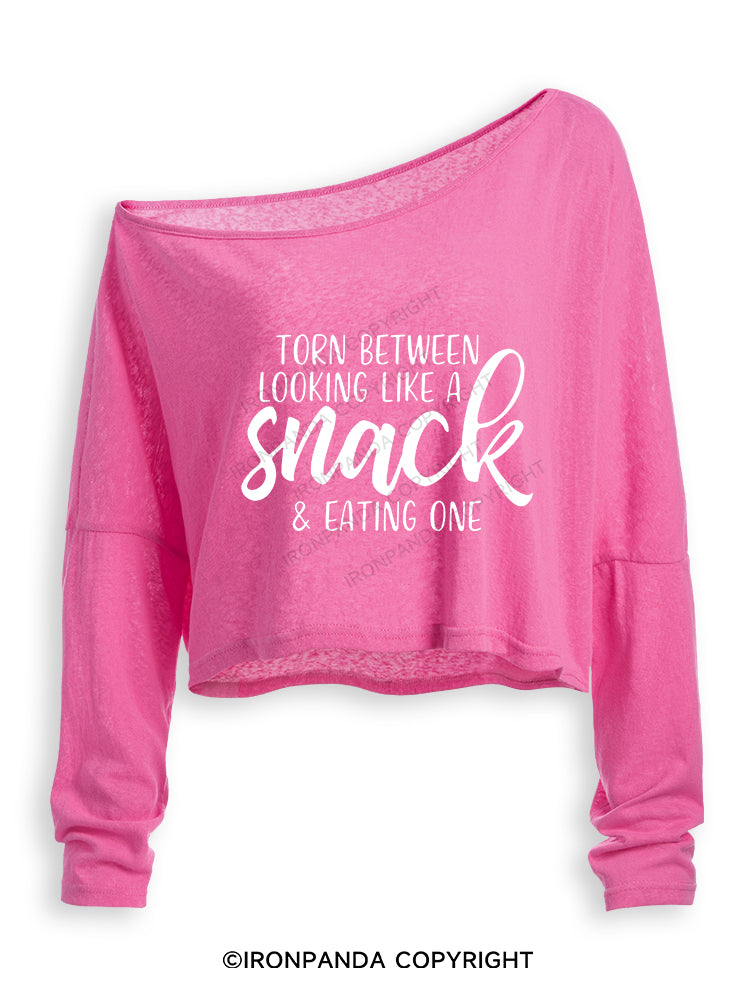 TORN BETWEEN A SNACK AND EAT ONE Off Shoulder Long Sleeve Crop Top