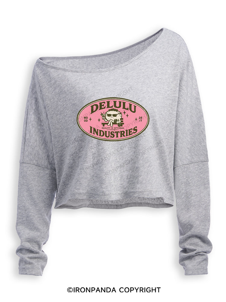 DELULU INDUSTRIES REALITY IS OPTIONAL Off Shoulder Long Sleeve Crop Top