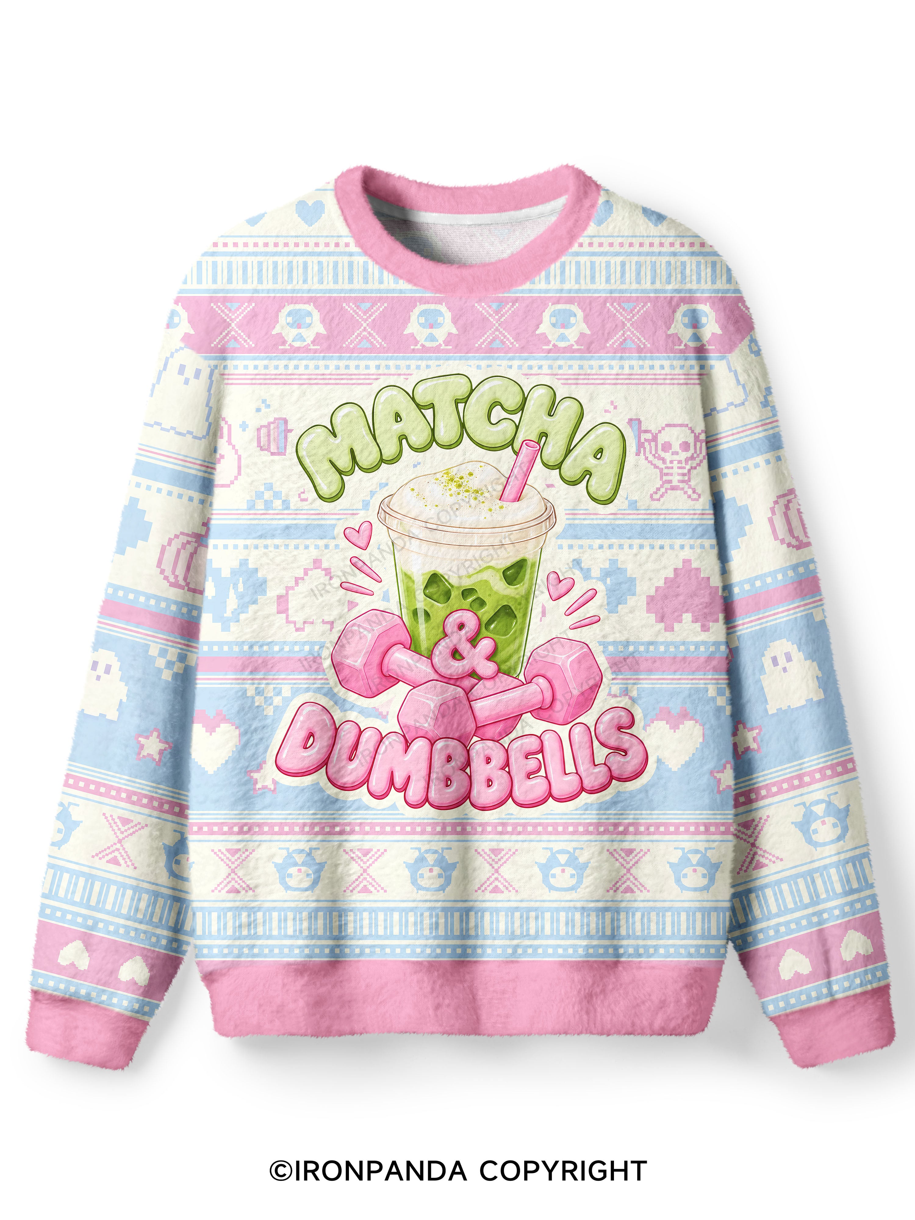 MATCHA & DUMBBELLS MATCHA GYM LOVER Ugly Fuzzy Fleece Sweater