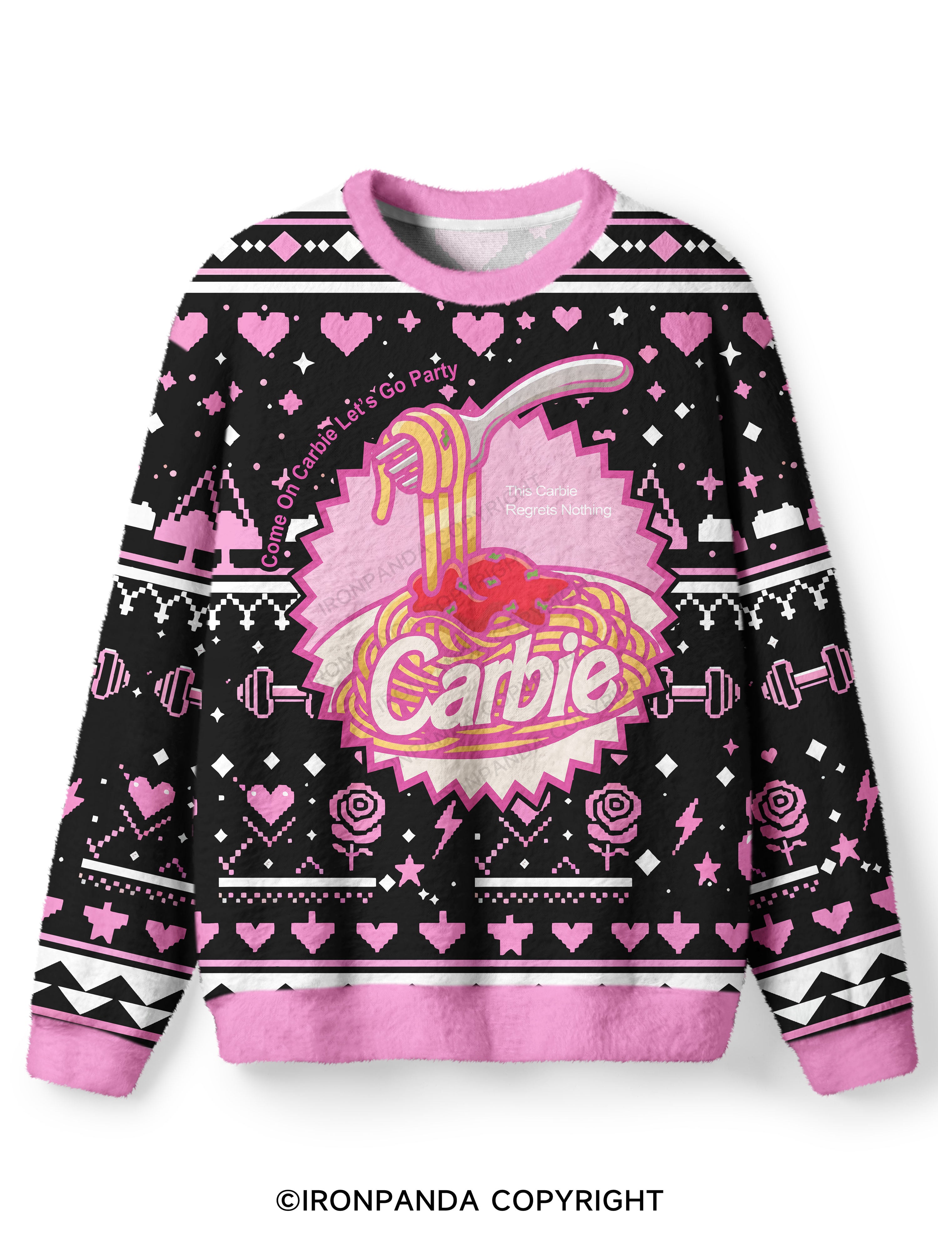 Carbie I Love Carbs Bread Pasta Pizza Ugly Fuzzy Fleece Sweater