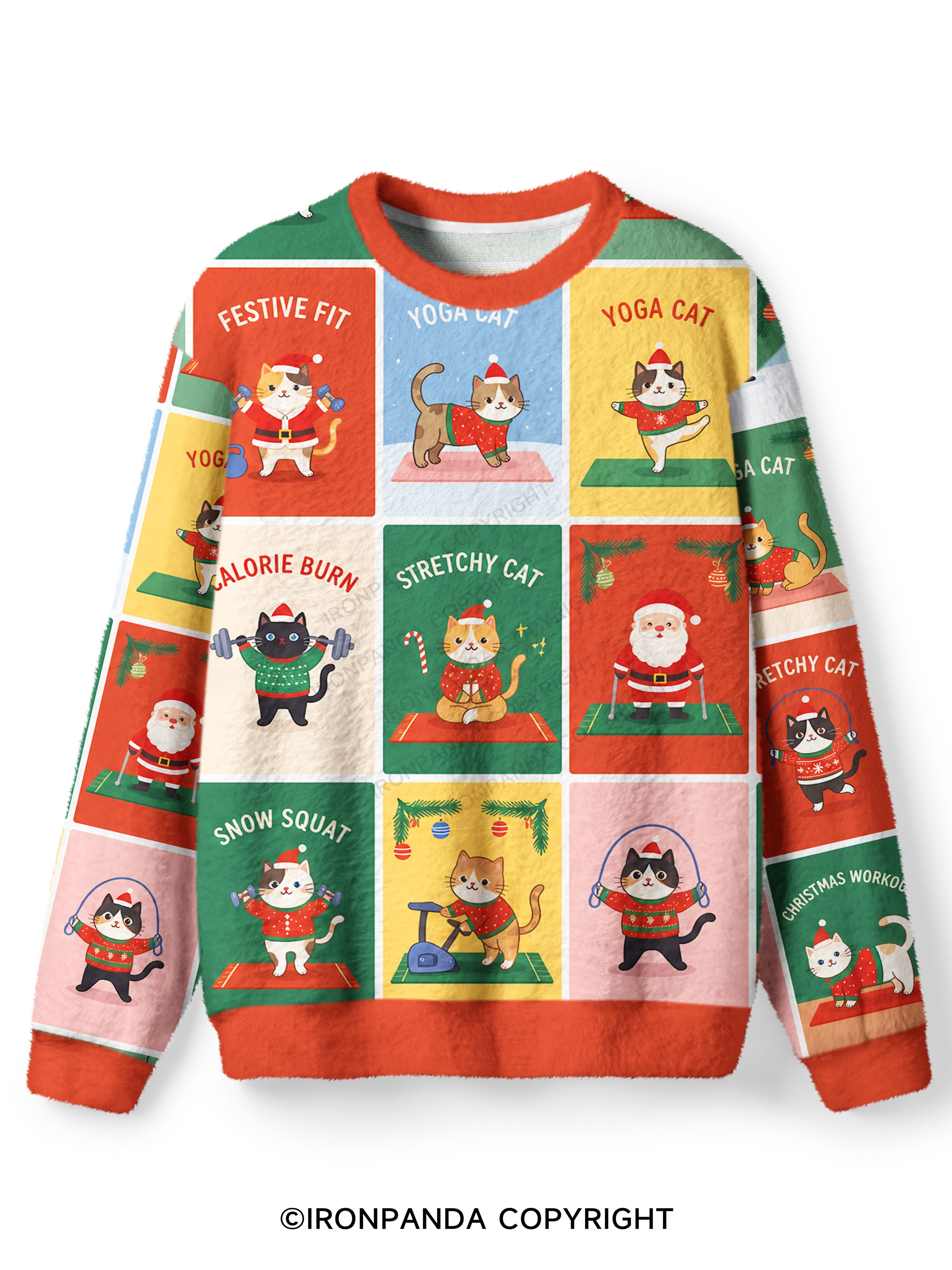 Santa Gym Cats Bundle Ugly Fuzzy Fleece Sweater