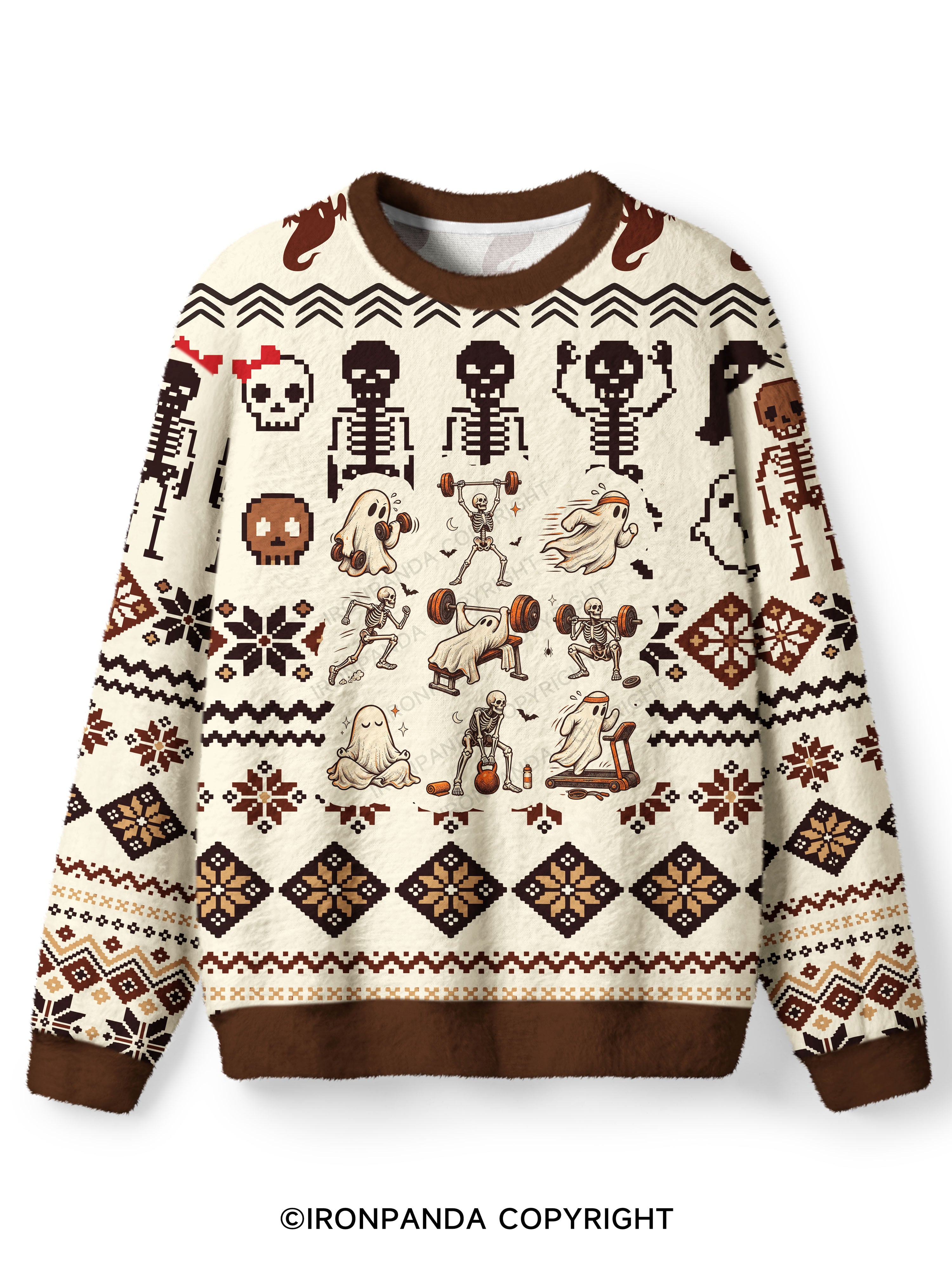Ghost and Skeleton Workout Spooky Exercise Ugly Fuzzy Fleece Sweater