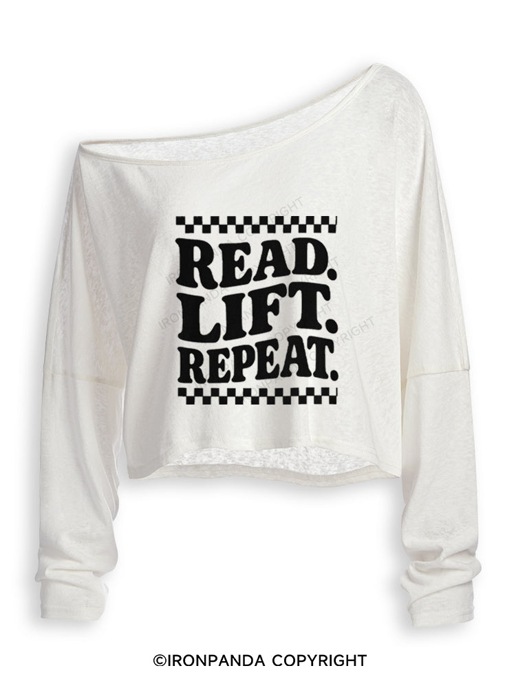 READ LIFT REPEAT BOOKISH GYM Off Shoulder Long Sleeve Crop Top