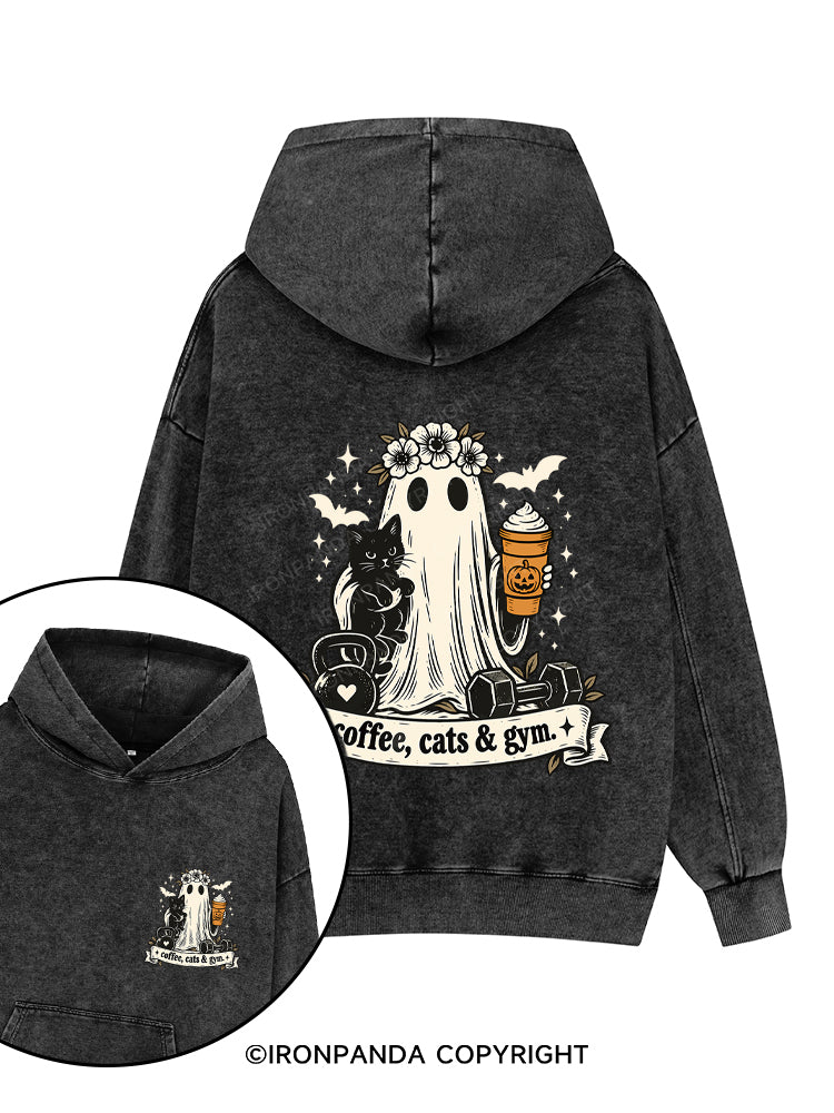 COFFEE, CATS & GYM HAPPY HALLOWEEN Printed Washed Gym Hoodie