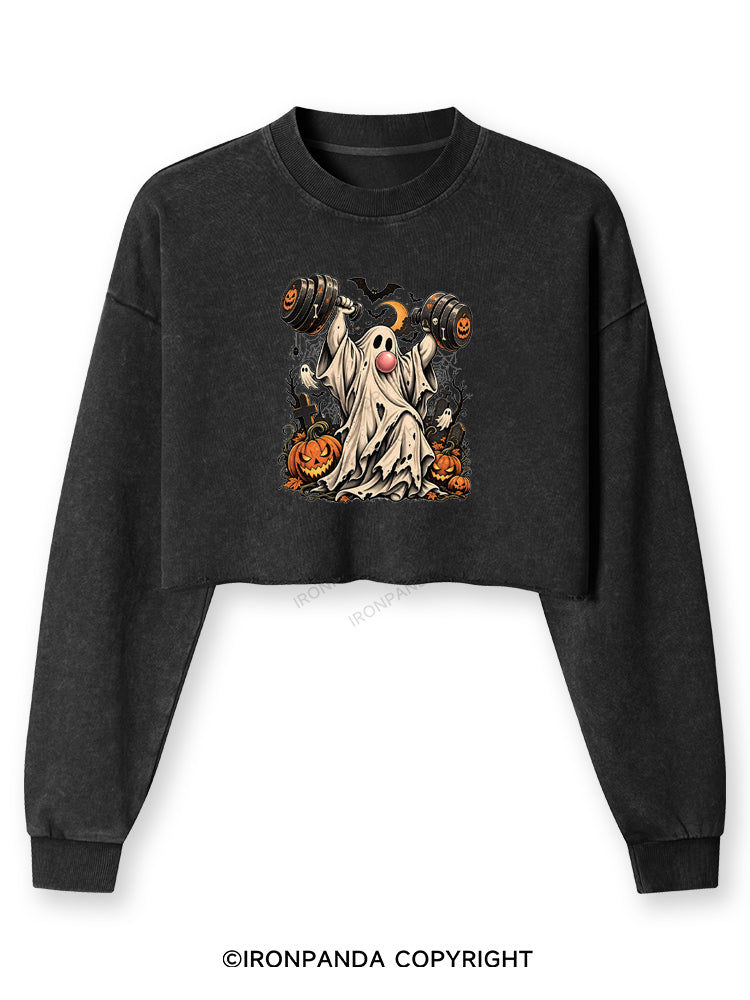 VINTAGE GHOST GYM WEIGHTLIFTING Washed Long-Sleeve Crop Top