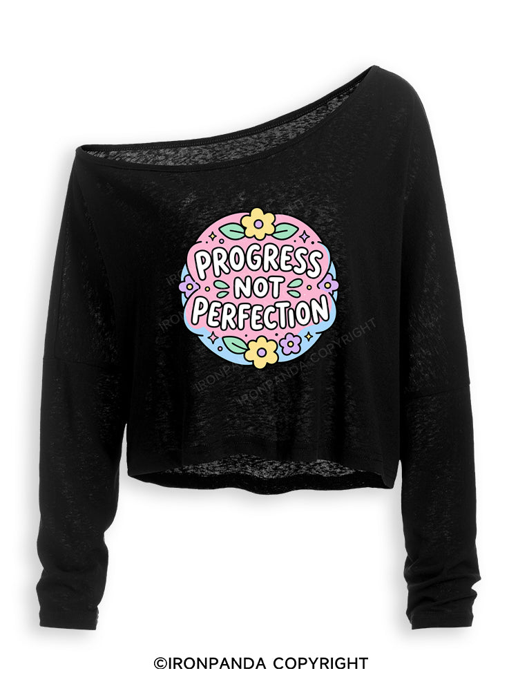 PROGRESS NOT PERFECTION Off Shoulder Long Sleeve Crop Top
