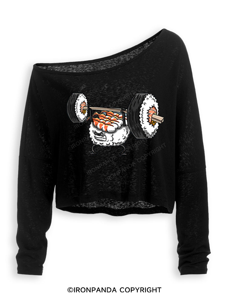 Weightlifting Sushi Funny Off Shoulder Long Sleeve Crop Top