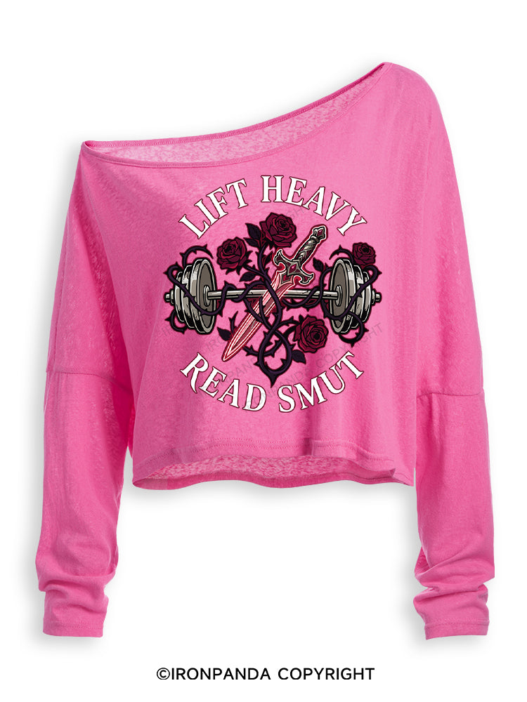 LIFT HEAVY READ SMUT Off Shoulder Long Sleeve Crop Top