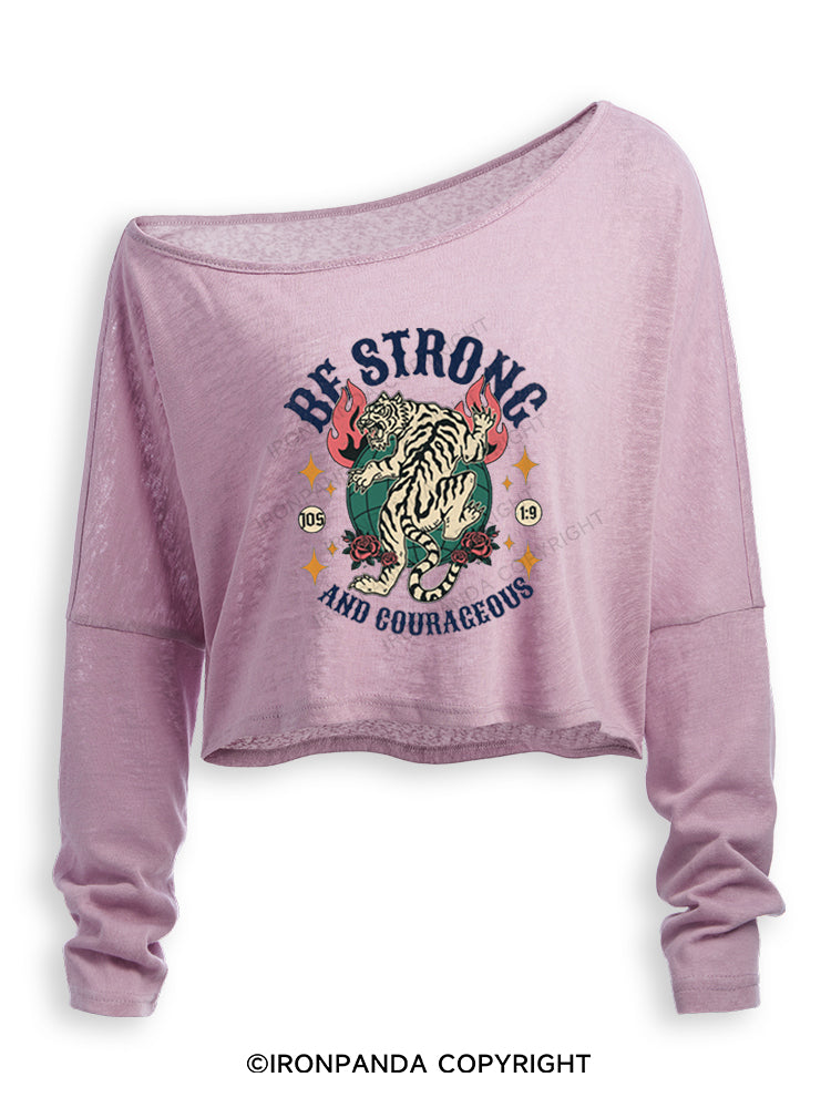 BE STRONG AND COURAGEOUS Off Shoulder Long Sleeve Crop Top