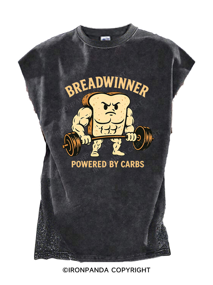 Breadwinner Powered By Carbs Funny Gym Bread Lifting Weights Cut Off Tank