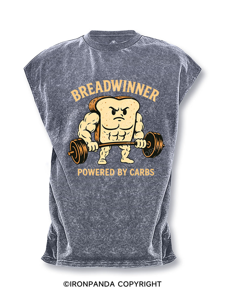 Breadwinner Powered By Carbs Funny Gym Bread Lifting Weights Cut Off Tank