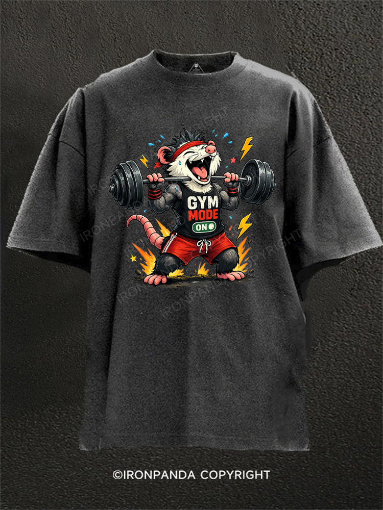 Crazy Workout Animal Gym Mode Funny Opossum Washed Gym Shirt