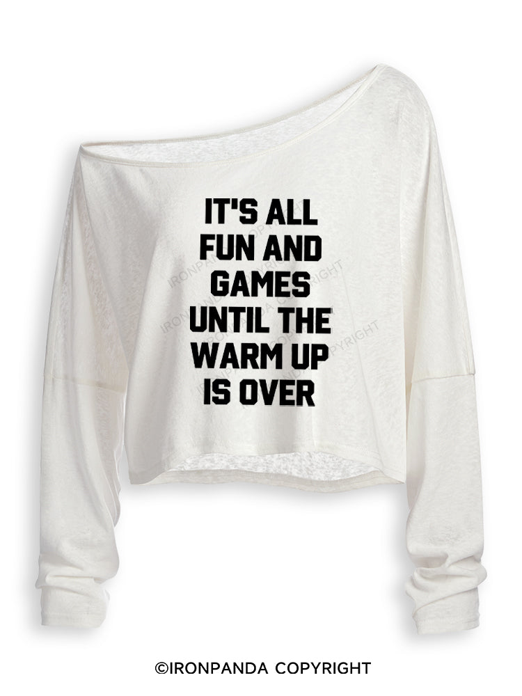 It's All Fun and Games Until the Warm Up is Over Off Shoulder Long Sleeve Crop Top